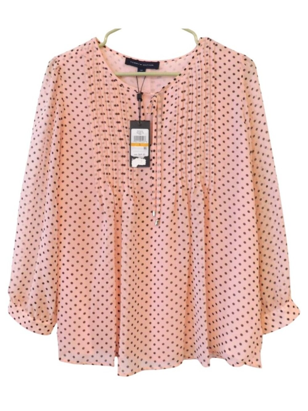 NWT Tommy Hilfiger Womens Sz S Pink Polka Dot Blouse Sheer Peasant Pintuck